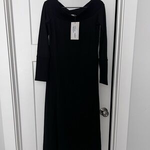 Marcella NYC Women's Black Midi Off the Shoulder Dress with Long Sleeves